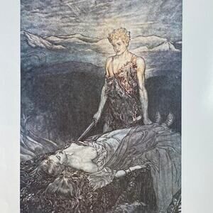 Arthur Rackham, Siegfried reaches Brunnhilde, Print, Drawing, Art~ 240625-WH 233